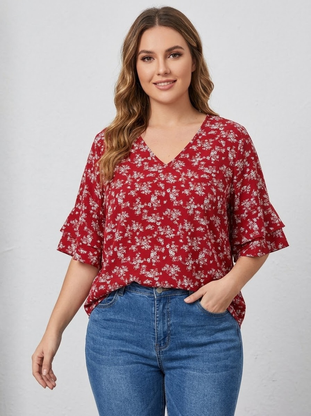 Women's Red Floral V-Neck Ruffle Sleeve Top - XL
